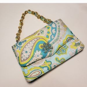 Banana Republic Silk Y2K Clutch - Evening Bag Paisley Print Gold Chain
